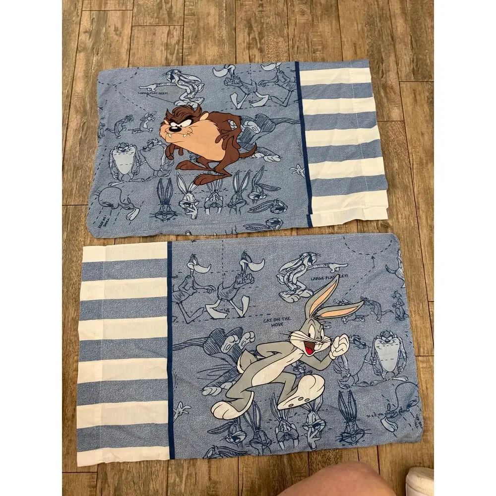 VTG The Bibb Company Pillowcases Blue White Bunny Tasmanian Devil Looney Tunes
